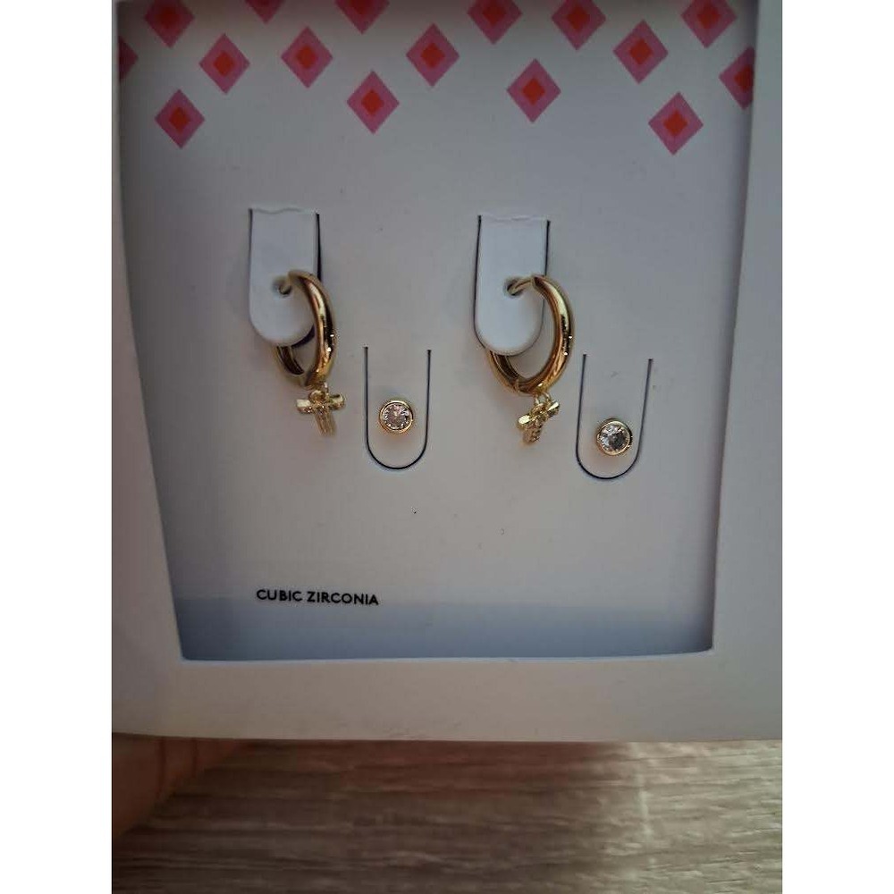 Nordstrom Gold Tone Cubic Zirconia Initial T Huggie Hoop and Stud Earring Set